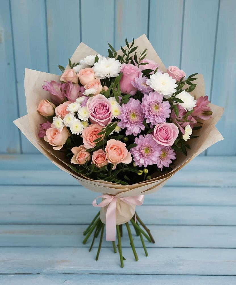Букет цветов из: Хризантемы, Розы и Альстромерии в Октябрьской