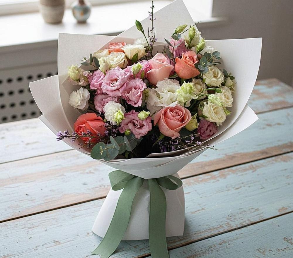 Букет цветов из: Розы, Лизиантусы и Гвоздики в Октябрьской