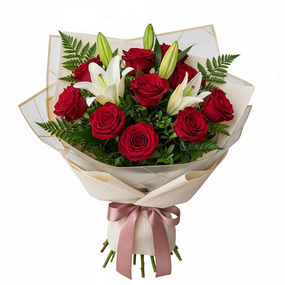 Букет цветов из: Лилии и Розы в Октябрьской