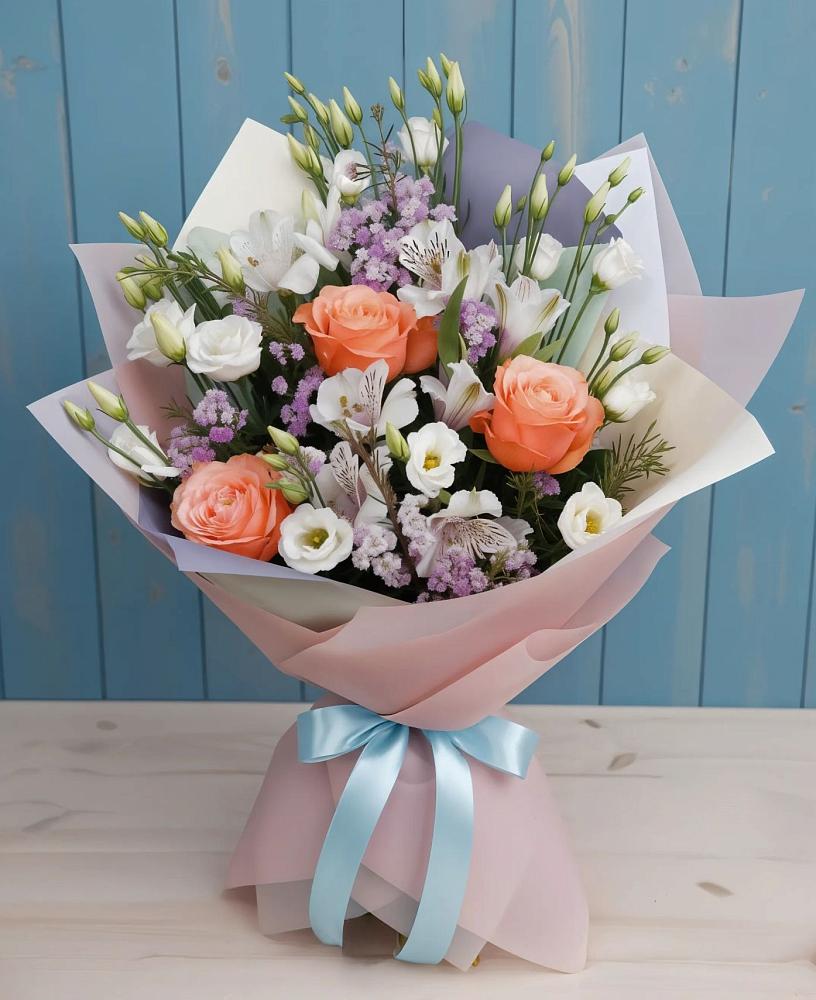 Букет цветов из: Лизиантусы, Розы, Альстромерии и Гипсофила в Октябрьской