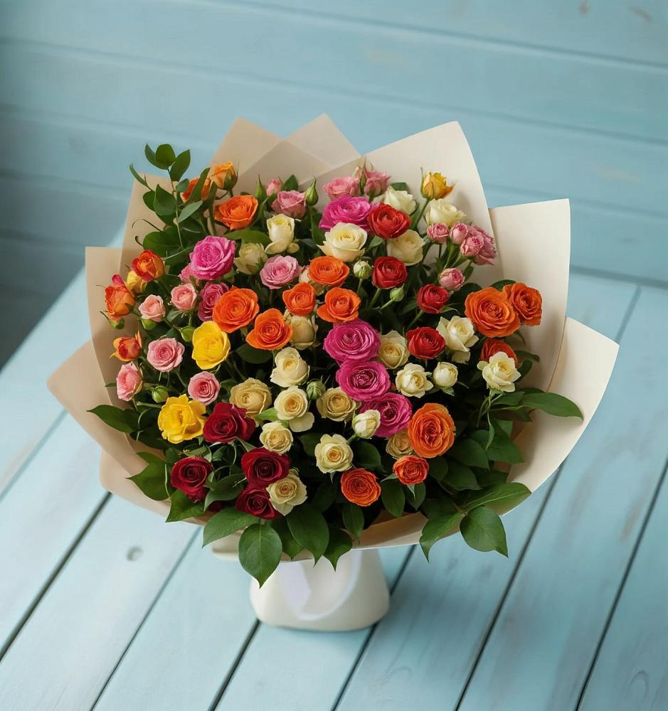 Букет Микс из разноцветных кустовых роз в Октябрьской