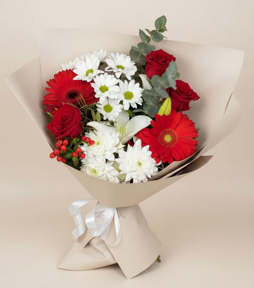 Букет цветов из: Розы, Хризантемы, Герберы и Лилии в Октябрьской
