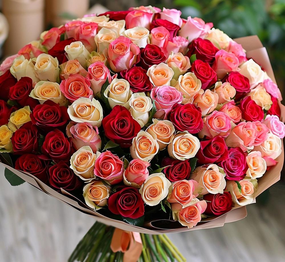 Букет 101 Разноцветная роза в Октябрьской