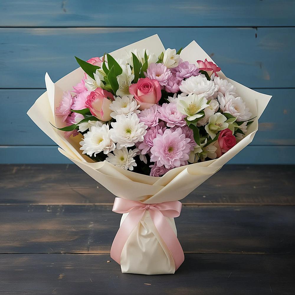 Букет цветов из: Хризантемы, Альстромерии и Розы в Октябрьской